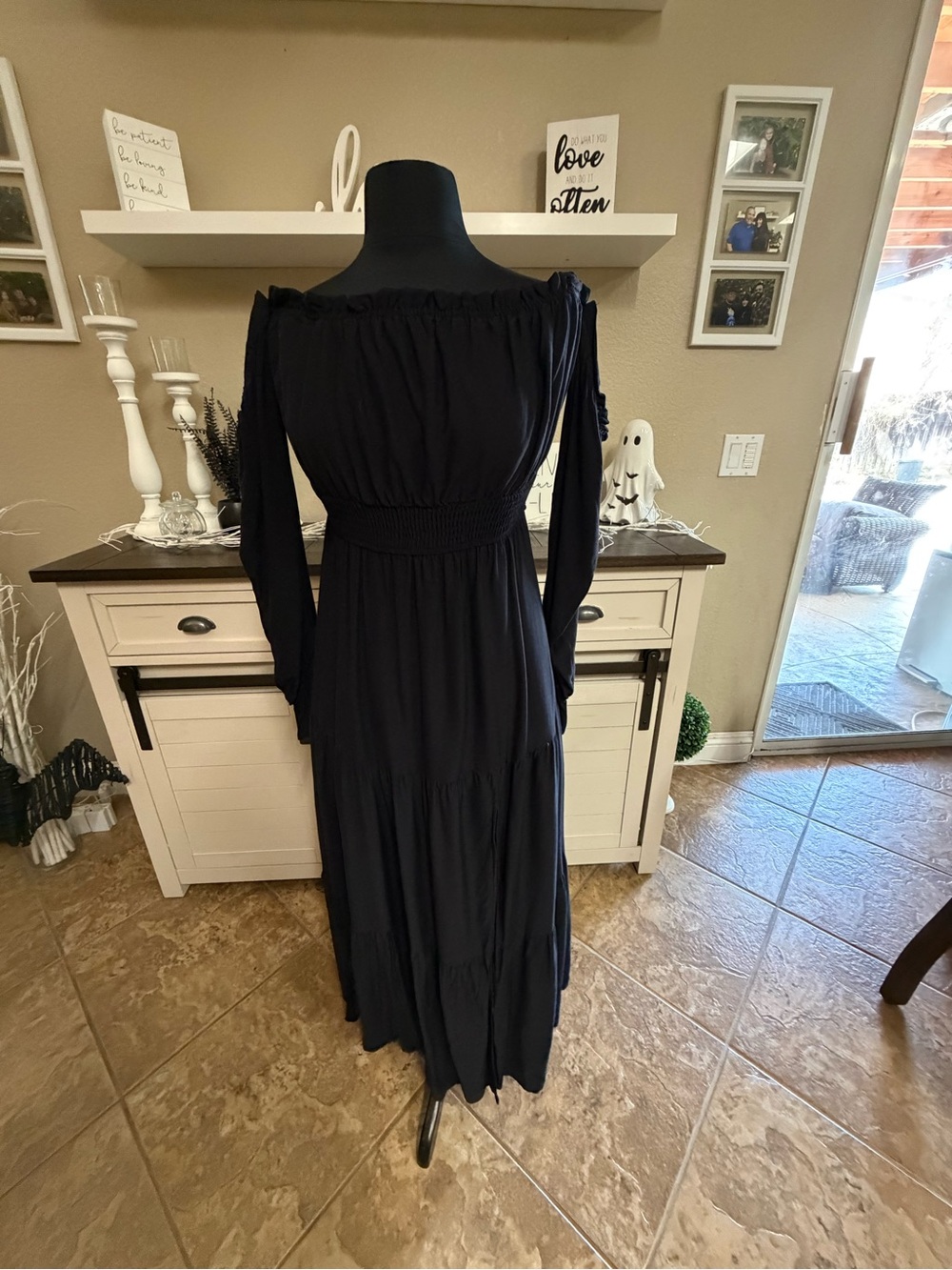 Smocked Waist Black Midi Dress with Long Sleeves -